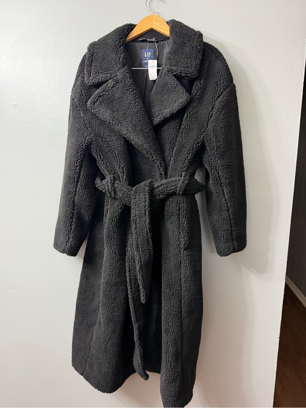 gap black long teddy belted coat Women's Black Faux-Fur Wrap Coat XL